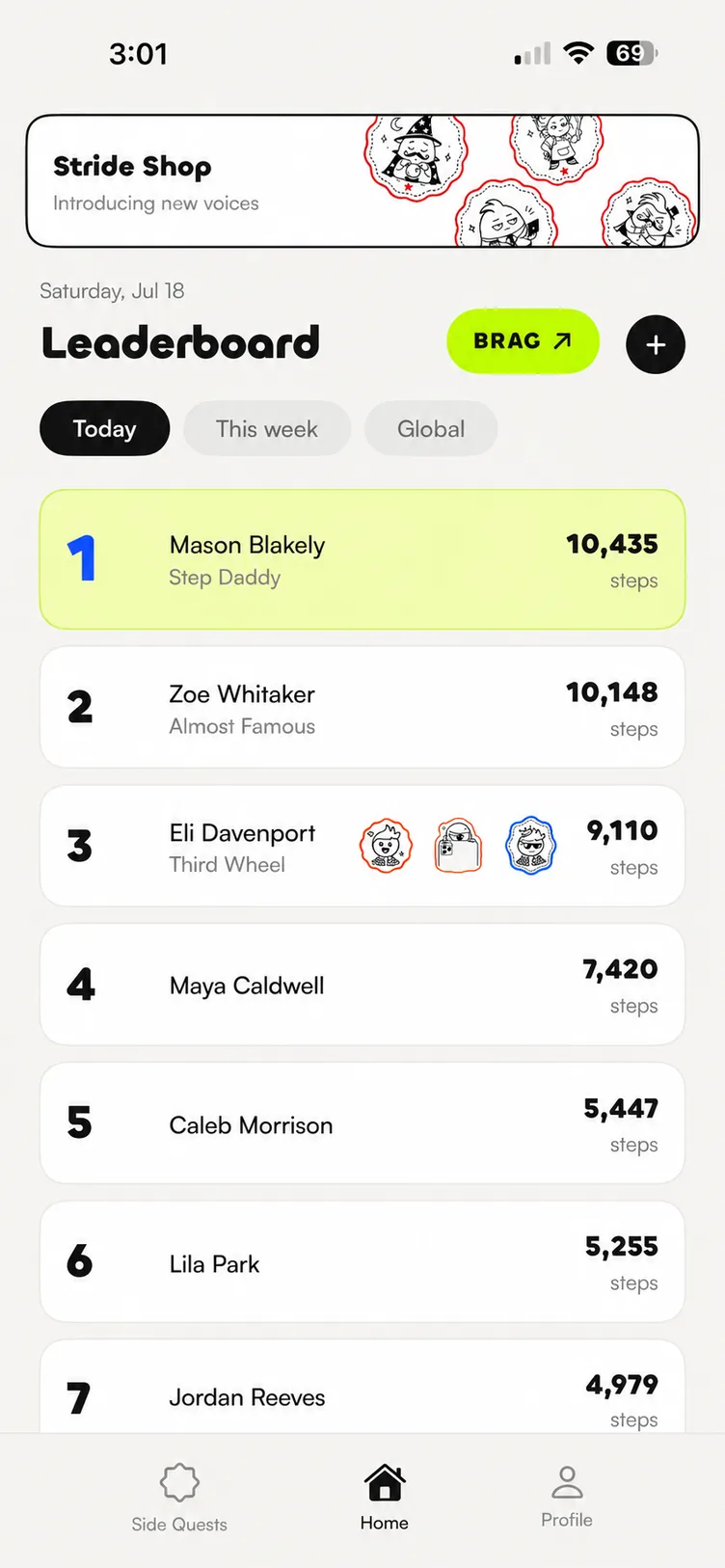 Stride leaderboard with daily titles: Step Daddy, Almost Famous, Third Wheel